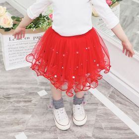 Tulle Tutu Fashion Bead Mesh Princess Skirt Children Dance Skirt Fashion (Option: Red-100cm)